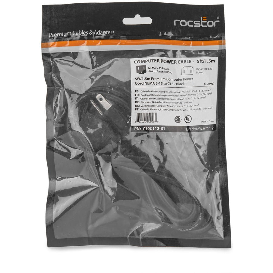 Rocstor 5Ft Computer Power Cord Nema5-15P To C13