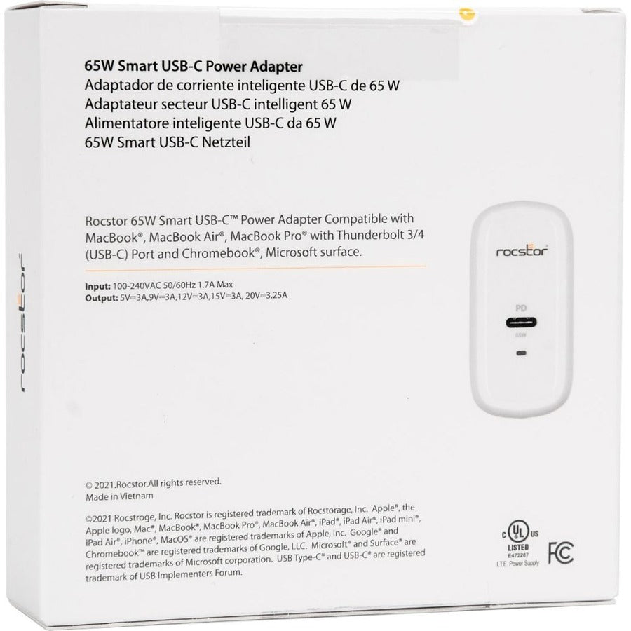 Rocstor 65W Smart Usb-C Power Ac Adapter Charger