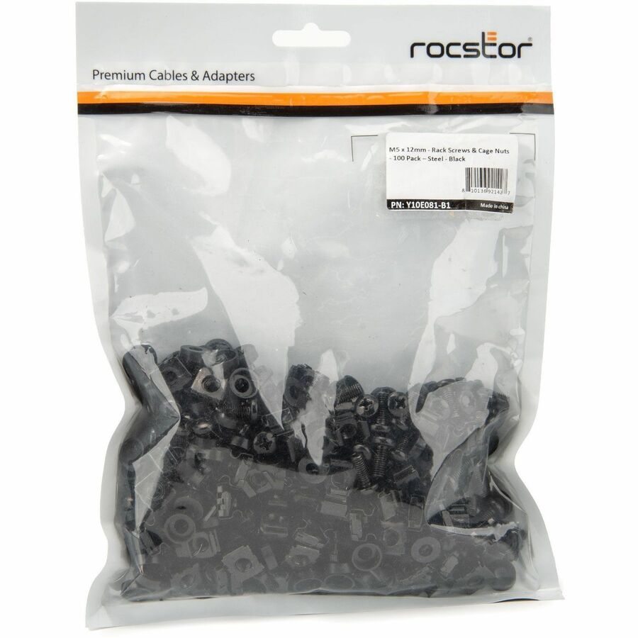 Rocstor M5 x 12mm - Rack Screws and Cage Nuts - 100 Pack, Black Y10E081-B1