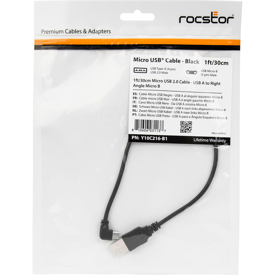Rocstor Premium 1 Ft Micro Usb Cable - A To Right Angled Micro B - Usb Type A Male - Micro Usb Type B Male - 1Ft - Black Usb Cable