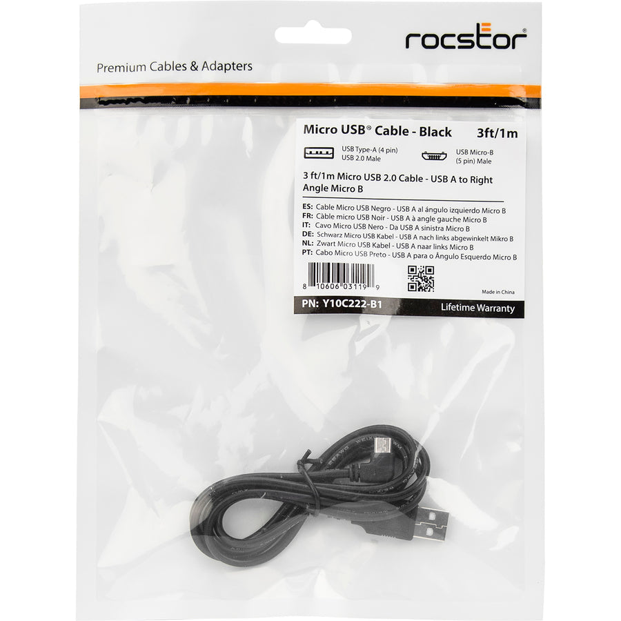 Rocstor Premium 3Ft Micro Usb Cable - A To Right Angled Micro B - Usb Type A Male - Micro Usb Type B Male - 1Ft - Black Usb Cable