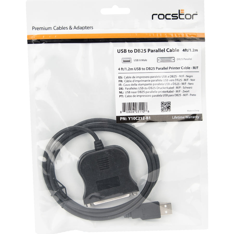 Rocstor Premium 4 Ft Parallel Printer Adapter - Usb - Db25 Parallel - Type A Male Usb Db25F To Usba Male - Black