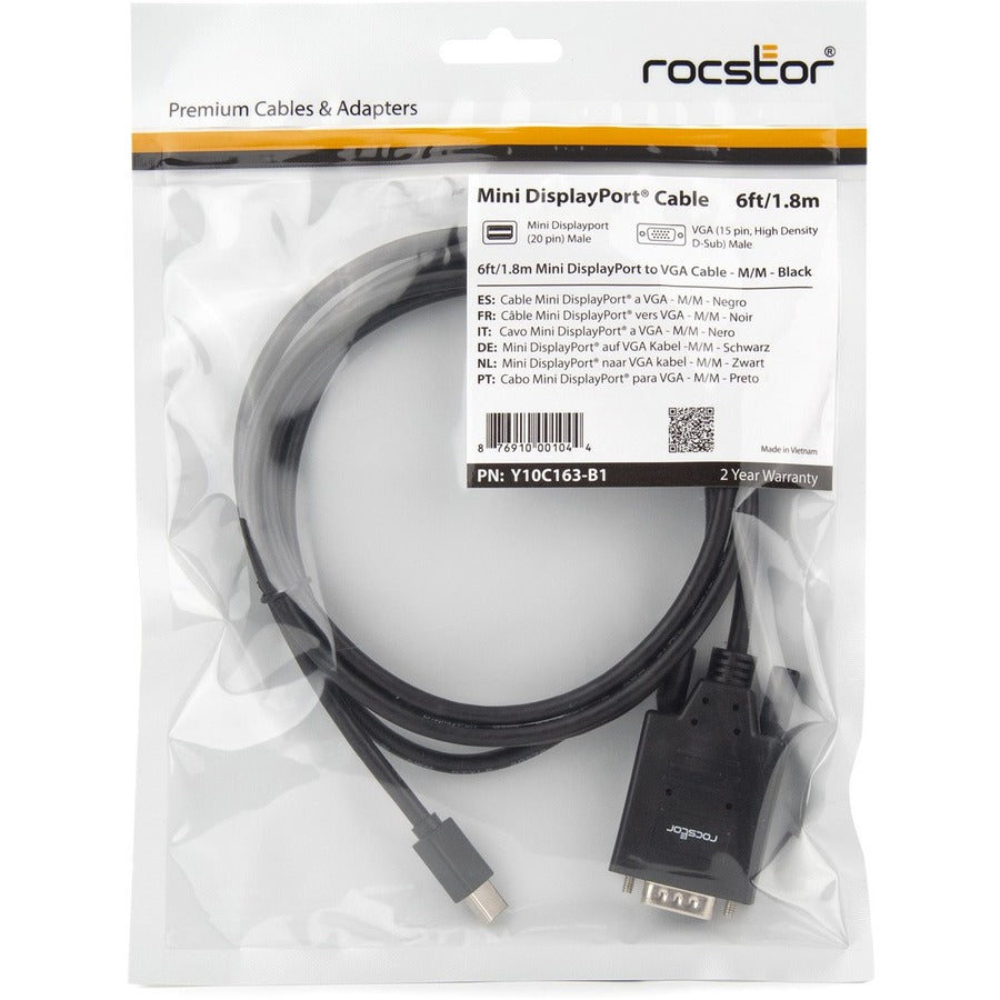 Rocstor Premium 6 Ft Mini Displayport To Vga Adapter Cable - Mdp To Vga Cable Supports 1920X1200 1080P Resolution - Mini Displayport To Vga Cable For Projector, Monitor, Pc, Desktop Computer, Notebook, Ultrabook, Video Device, Tv - 6 Ft (2M) - 1 Pack - 1