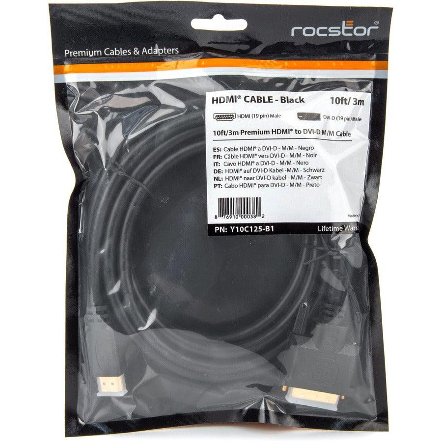 Rocstor Premium HDMI to DVI-D Cable - M/M - 10 ft - 1 x DVI-D Male - 1 x Male HDMI - Gold-plated Contacts - Black Y10C125-B1