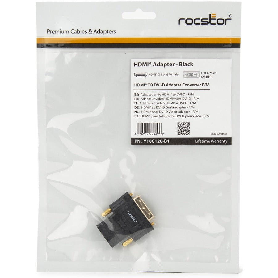 Rocstor Premium HDMI to DVI-D Video Cable Adapter - F/M - 1 x HDMI Female Digital Audio/Video - 1 x DVI-D Male Digital Video F/M - Black Y10C126-B1