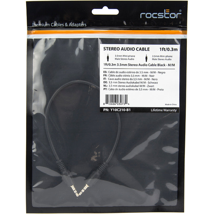 Rocstor Premium Slim 3.5mm Stereo Audio Cable 1 ft - M/M - Mini-phone Male Stereo Audio - Mini-phone Male Stereo Audio Male to Male- .3m - Black - For Smartphone, Mobile Phones, iPhone (with Headphone Jack), iPod AND MP3 PLAYER Y10C210-B1