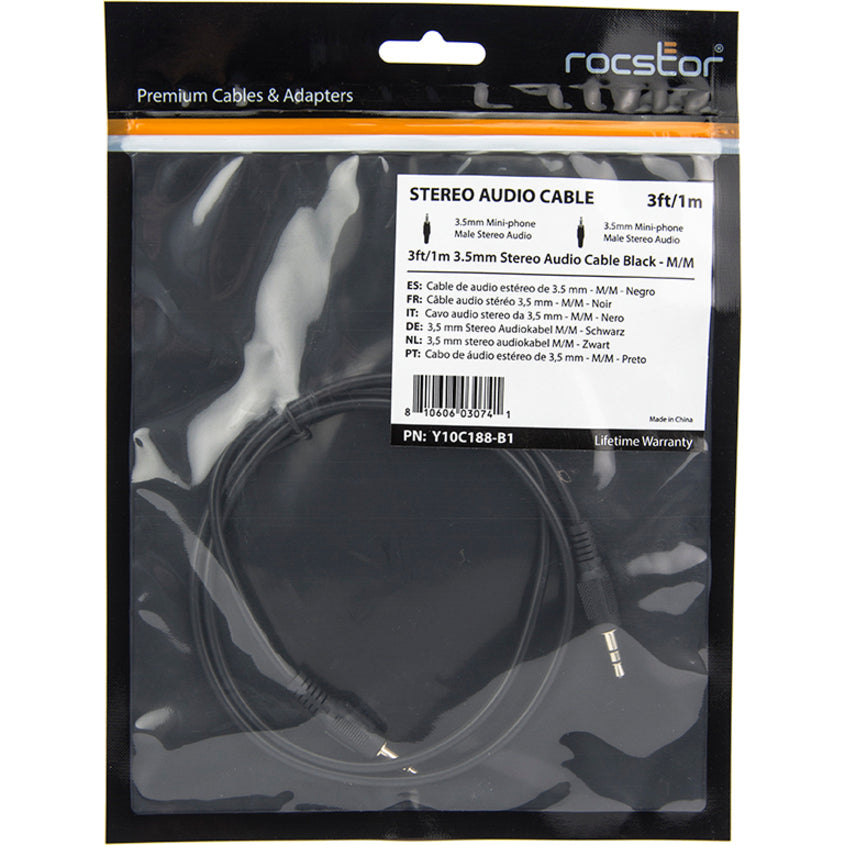 Rocstor Premium Slim 3.5mm Stereo Audio Cable 3 ft - M/M - Mini-phone Male Stereo Audio - Mini-phone Male Stereo Audio Male to Male- 1m - Black - For Smartphone, Mobile Phones, iPhone (with Headphone Jack), iPod AND MP3 PLAYER Y10C188-B1