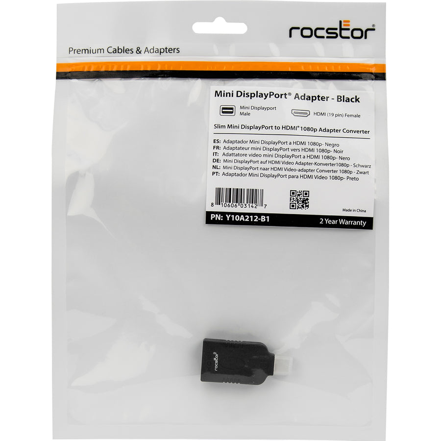 Rocstor Premium Slim Mini Displayport To Hdmi Audio/Video Adapter - Slim Hdmi To Mini Displayport - 1920X1200 1080P - For Projector, Monitor, Macbook, Macbook Air, Macbook Pro, Mac Mini, Ultrabook, Desktop Computer - 1 Pack - 1 X Mini Displayport Male Dig
