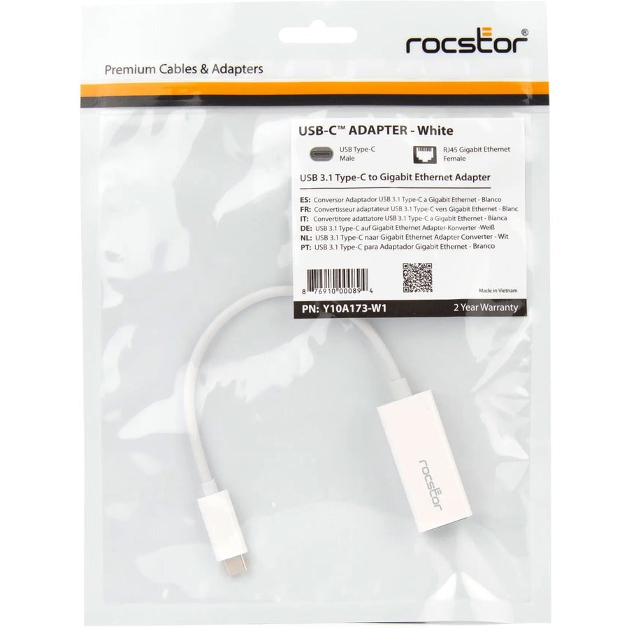 Rocstor Premium Usb-C To Gigabit Network Adapter - Usb Type-C To Gigabit Ethernet 10/100/1000 Adapter - Compatible With Mac & Pc-Plug & Play (No Drivers Needed) - White - Usb 3.1 - 1 Port(S) - 1 - Twisted Pair With Native Driver Support
