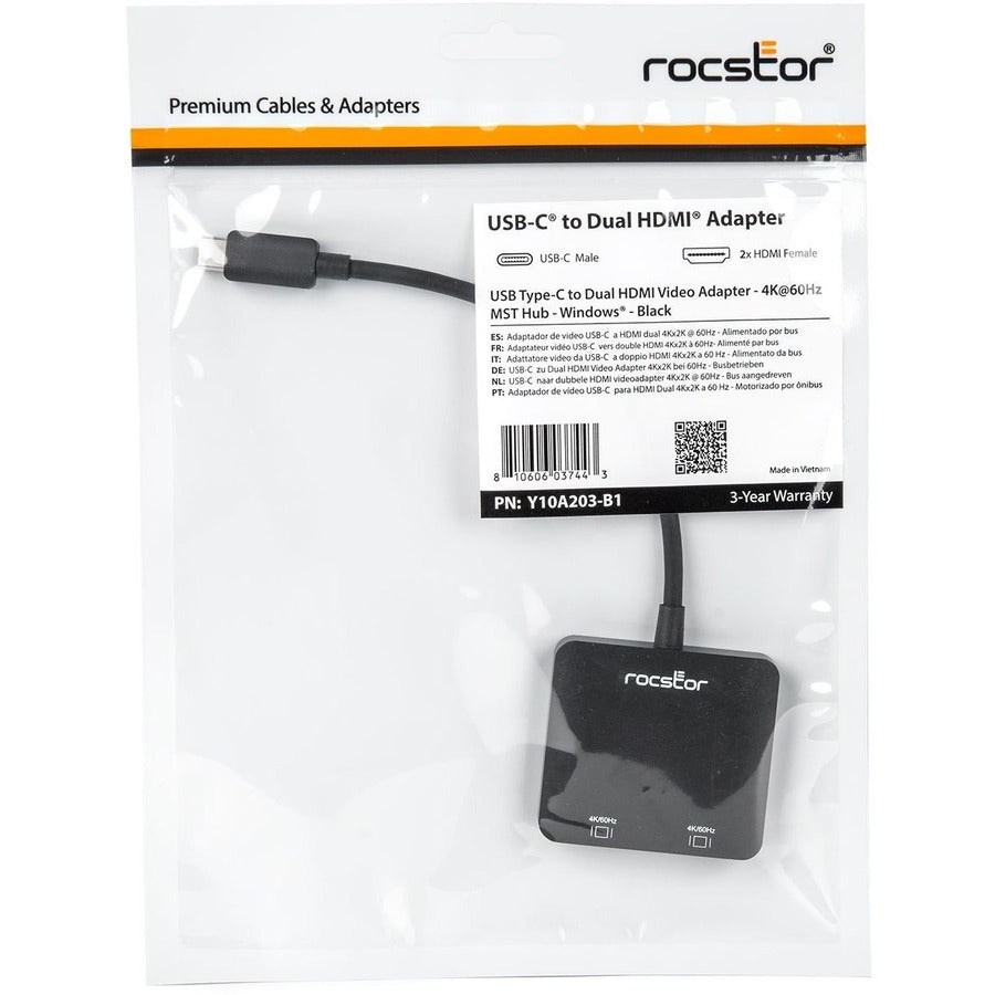 Rocstor Premium Usb-C&Trade; To Dual Hdmi Multi Monitor Adapter - Hdmi 4K 60Hz - Usb Type- C&Reg; 2-Port Multi Monitor Mst Hub Adapter- For Pc/Windows - 4Kx2K Resolutions Up To 3840X2160 @ 60Hz - For Notebook/Desktop Pc - Usb-C To 2X Hdmi Splitter - Dp 1.