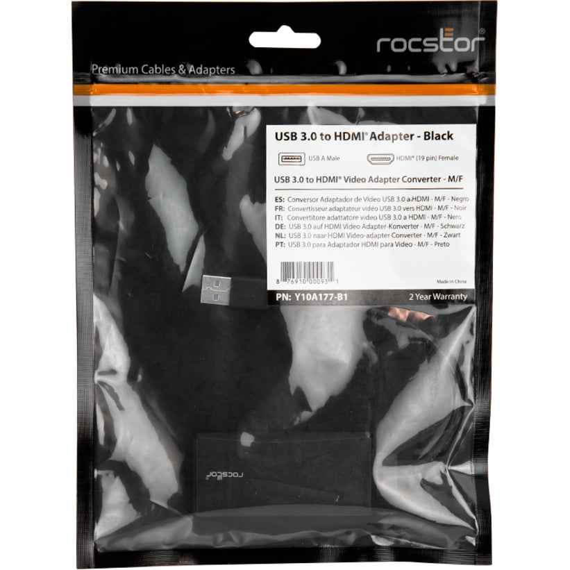 Rocstor Premium Usb To Hdmi Adapter - Usb 3.0 To Hdmi External Usb Video Graphics Adapter - Resolutions Up To 1920X1200 1080P- 1X Usb 3.0 Type A Male, 1 X Hdmi Female - 6" - Black - Compatible With Pc Or Mac Usb Graphics Card Adapter
