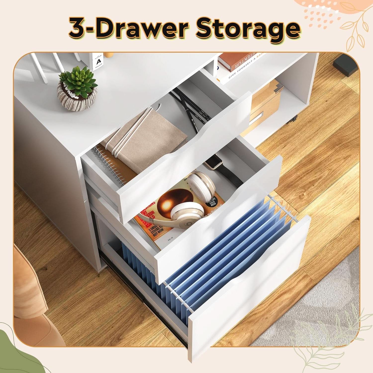 Rolling 3 Drawer File Cabinet With Printer Stand For Office