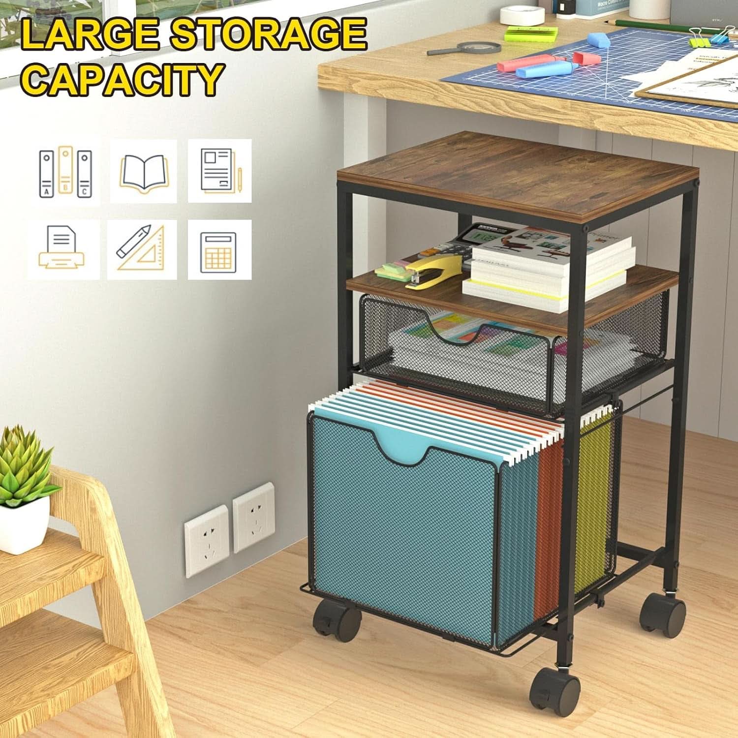 Rolling File Cart With Sliding Drawer For A4 Files