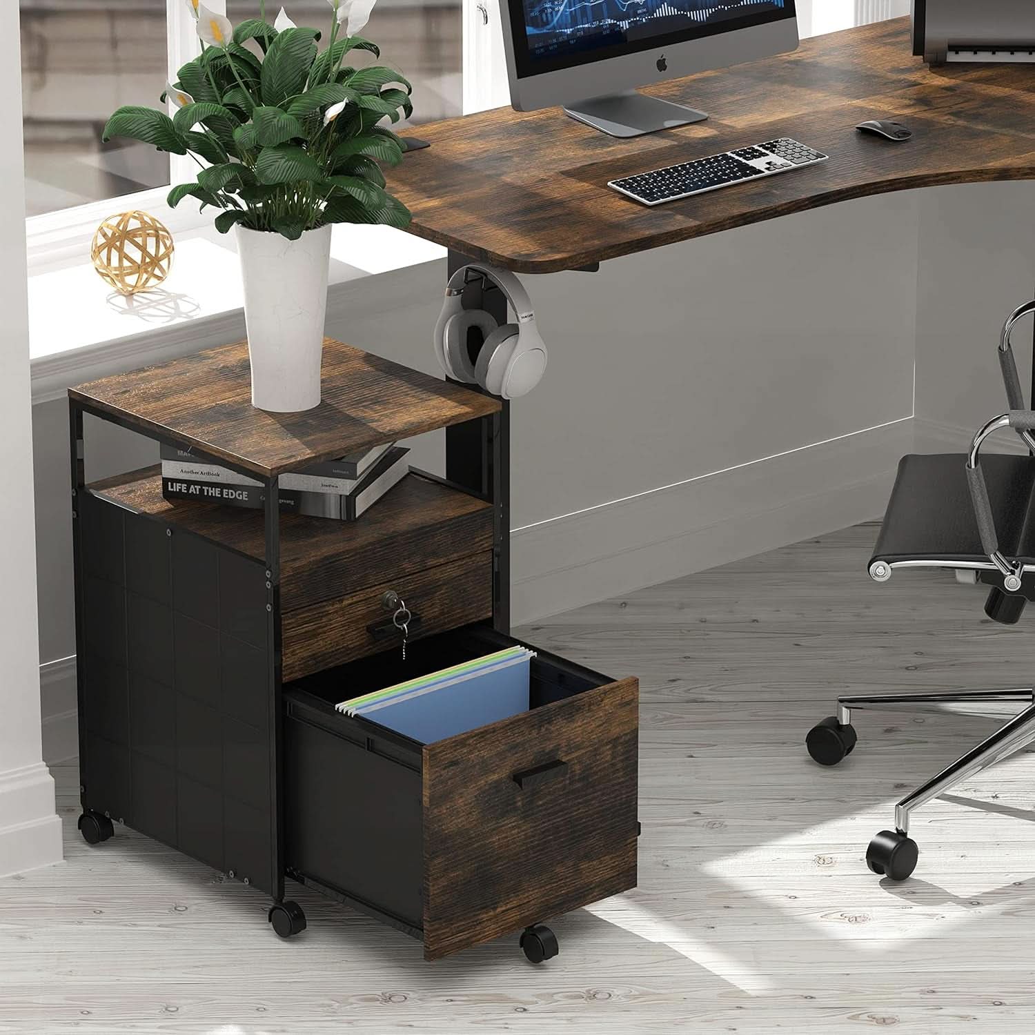 Rolling Mobile File Cabinet Drawers Open Shelf Rustic Brown