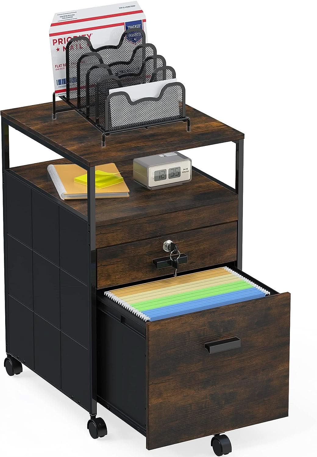 Rolling Mobile File Cabinet Drawers Open Shelf Rustic Brown