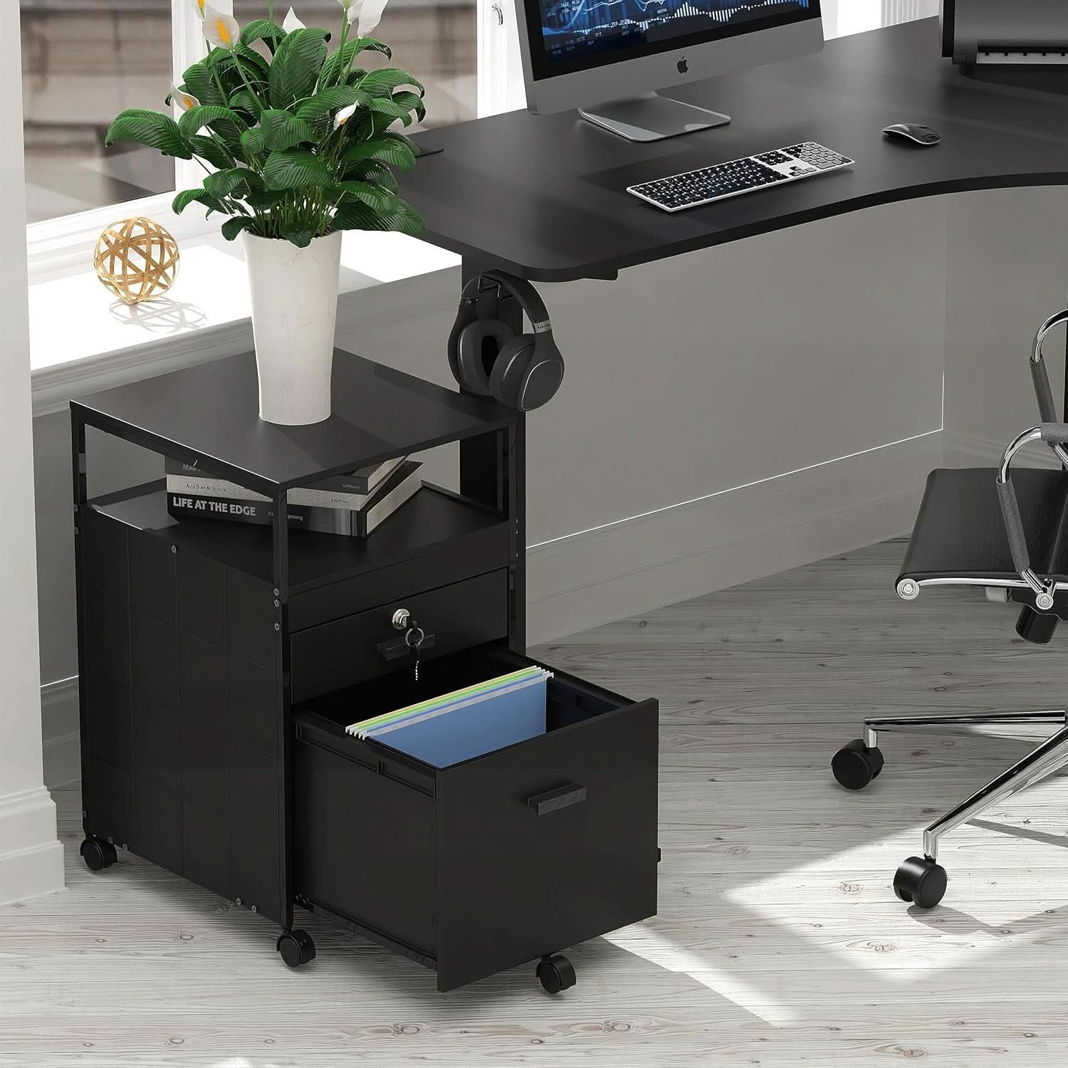 Rolling Mobile File Cabinet With Two Drawers Black