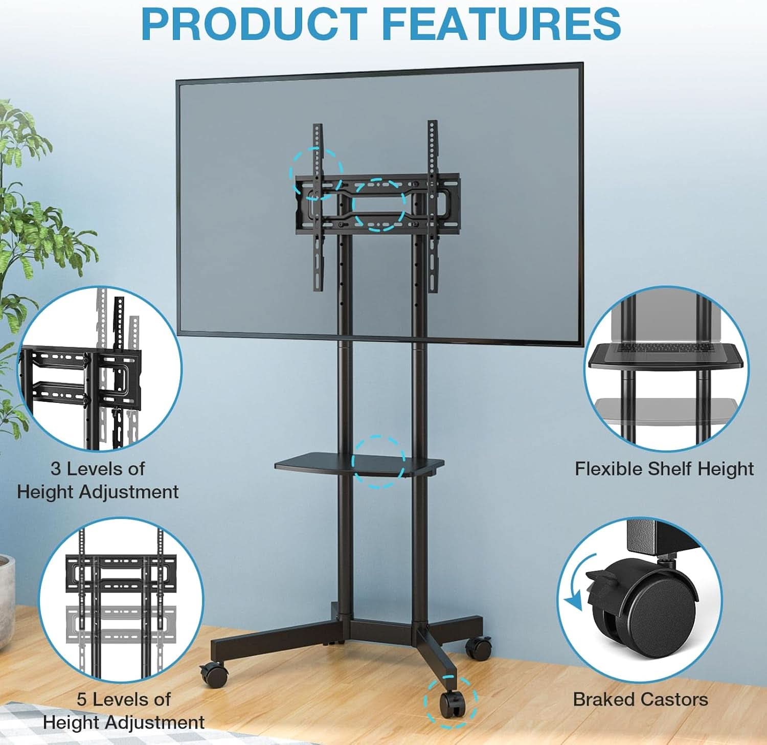Rolling TV Stand 32-75 Inch With Height Adjustable Shelf