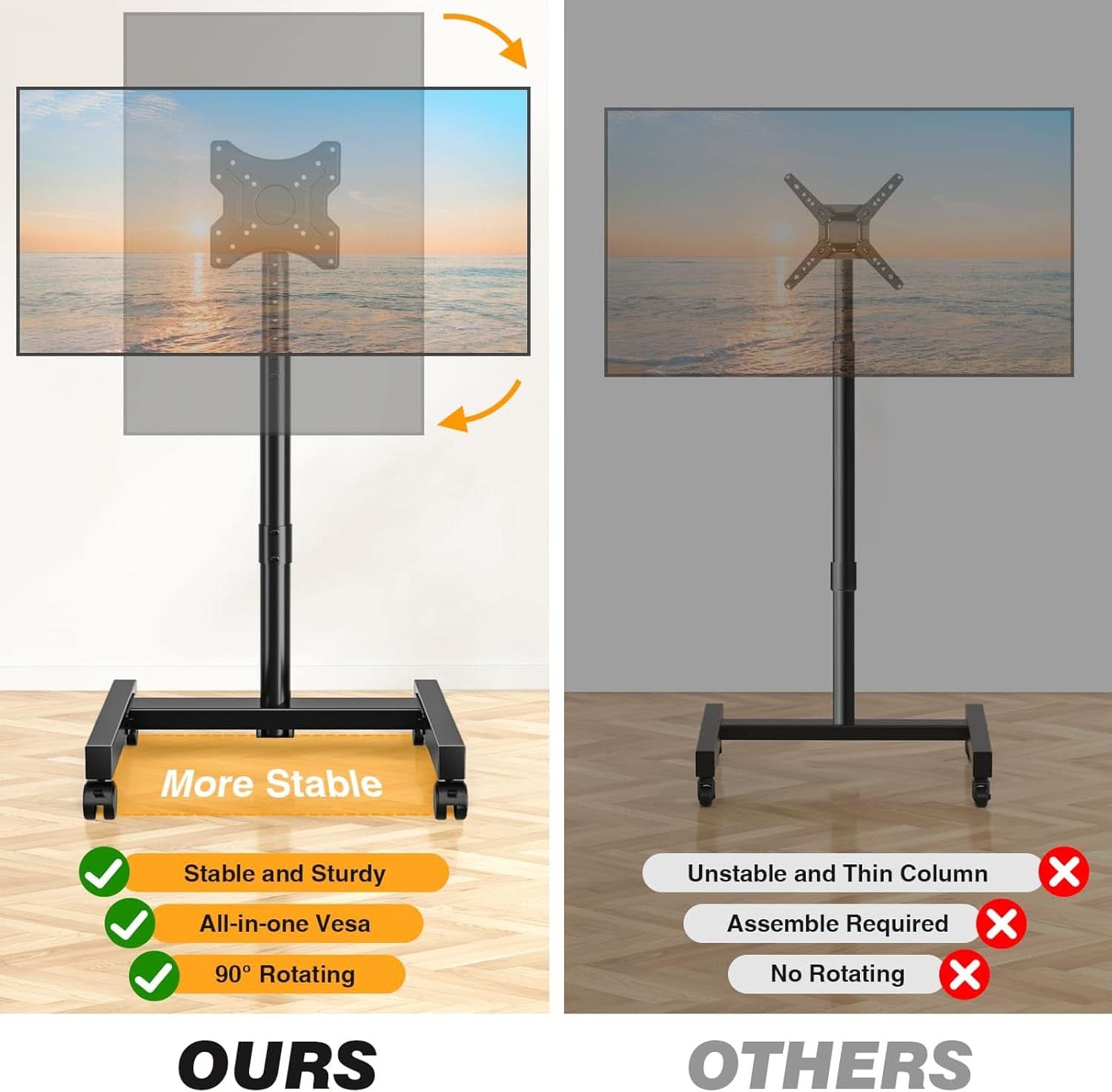 Rolling TV Stand For 13 To 50 Inch TVs With Height Adjustable Wheels