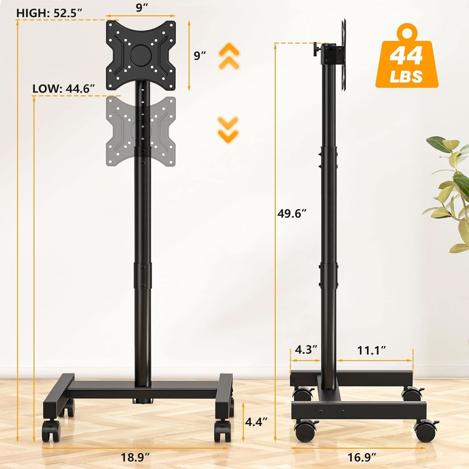 Rolling TV Stand For 13 To 50 Inch TVs With Height Adjustable Wheels