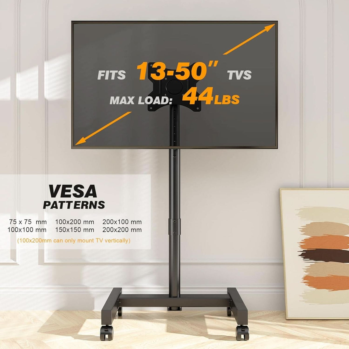 Rolling TV Stand For 13 To 50 Inch TVs With Height Adjustable Wheels