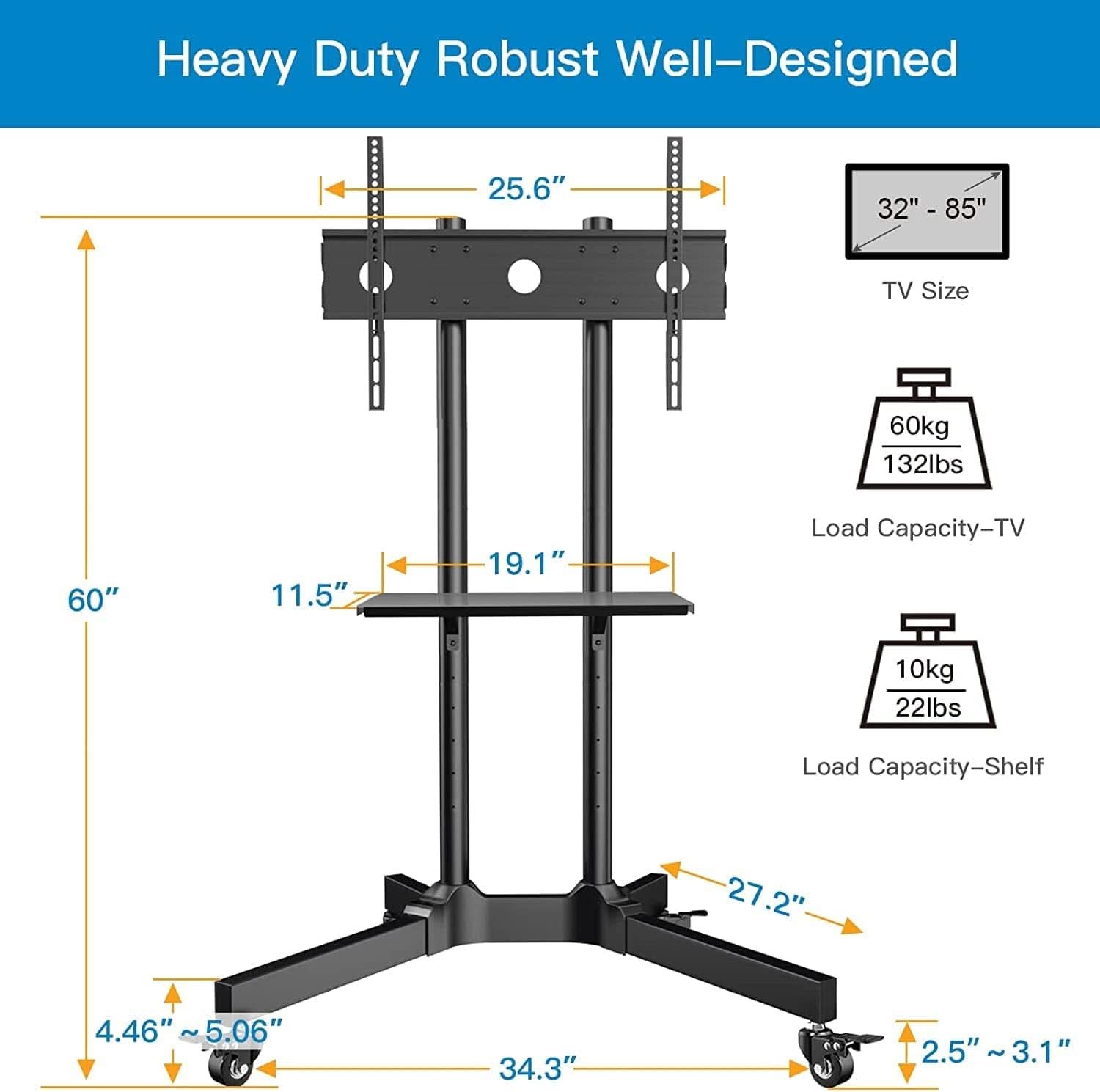 Rolling TV Stand For 32 To 85 Inch TVs Height Adjustable