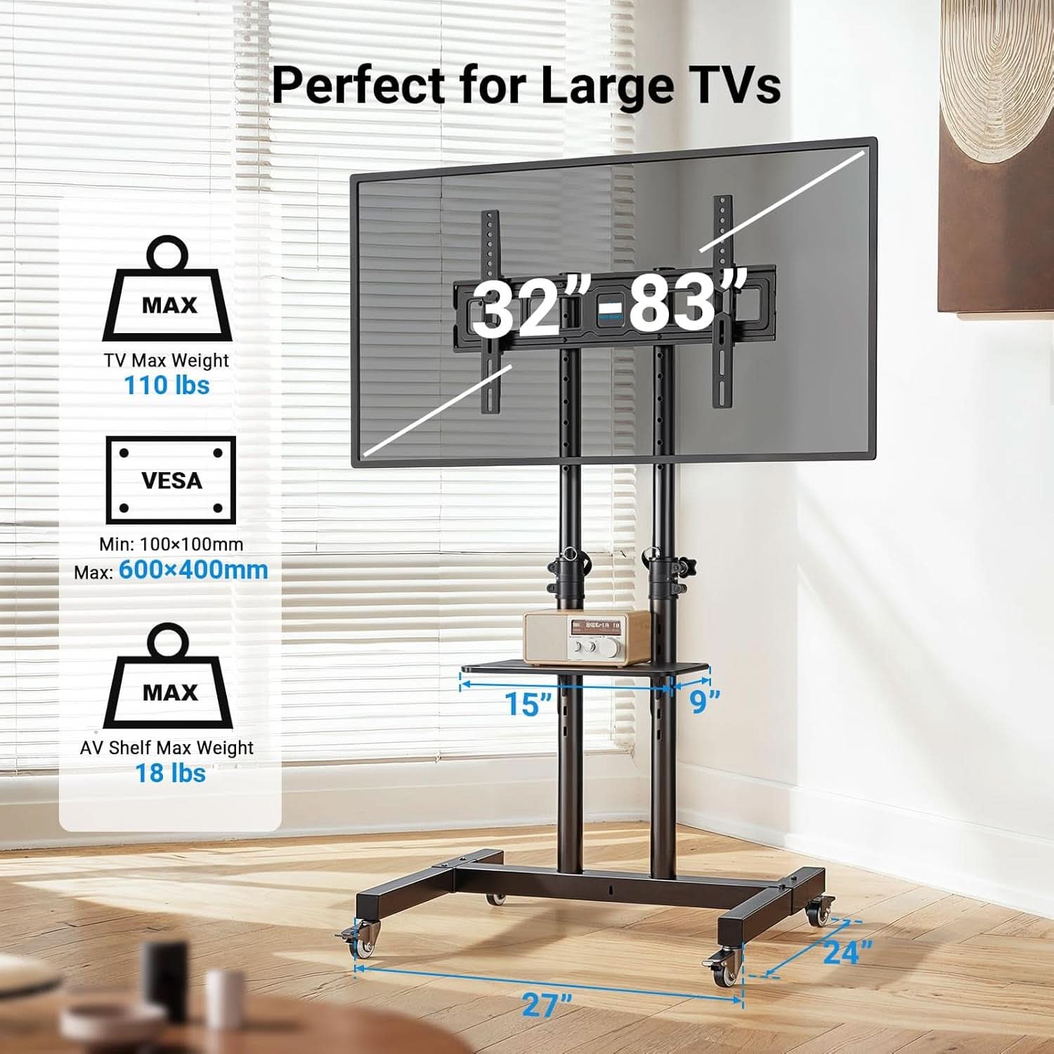 Rolling TV Stand Height Adjustable 32 To 83 Inch Screens