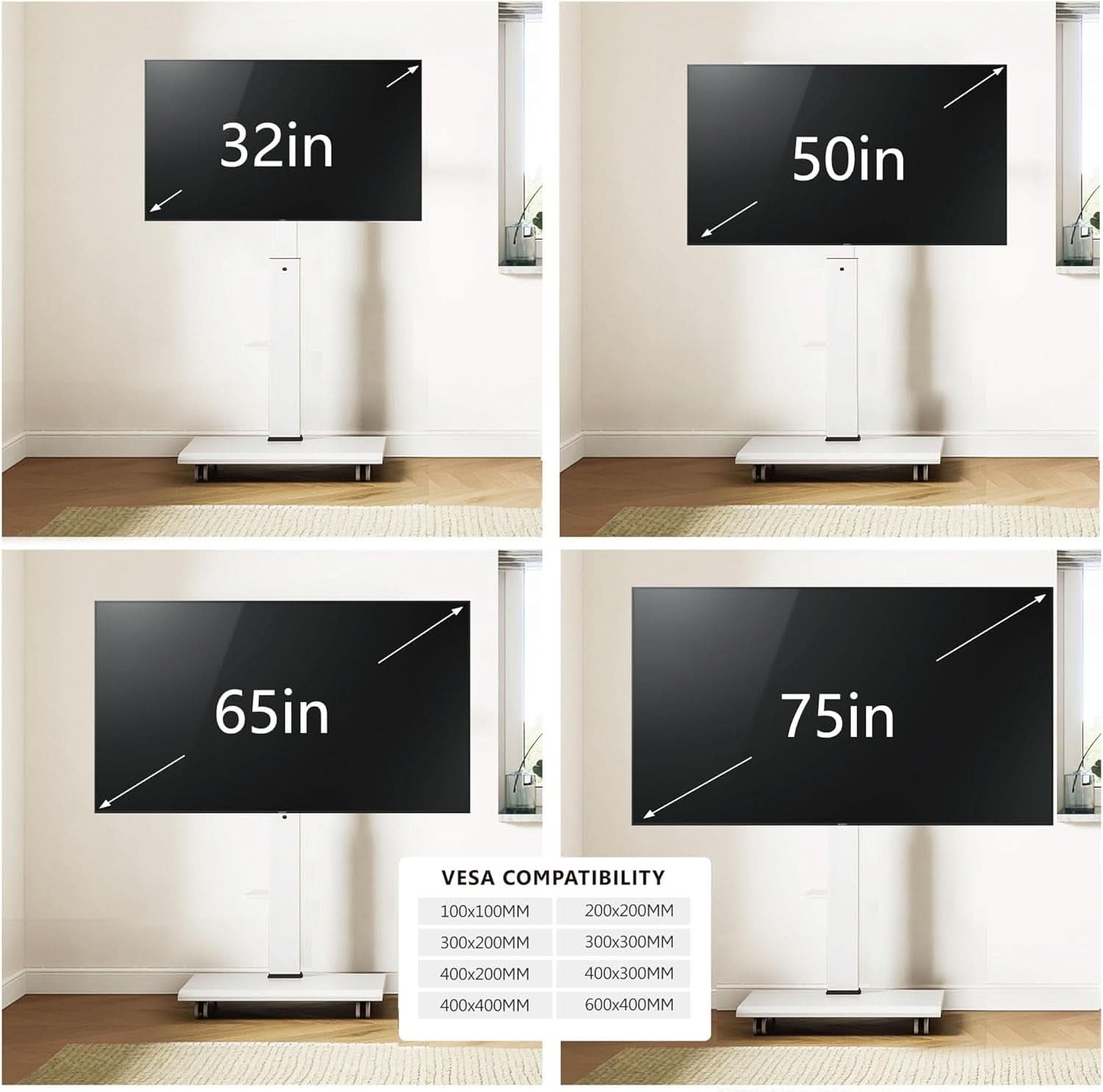 Rolling TV Stand On Wheels For 32 To 75 Inch TVs With 40 Degree Swivel