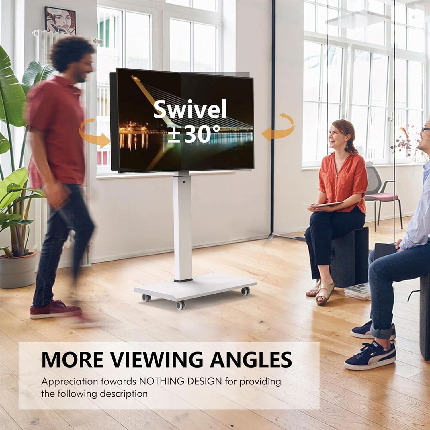 Rolling TV Stand On Wheels For 32 To 75 Inch TVs With 40 Degree Swivel