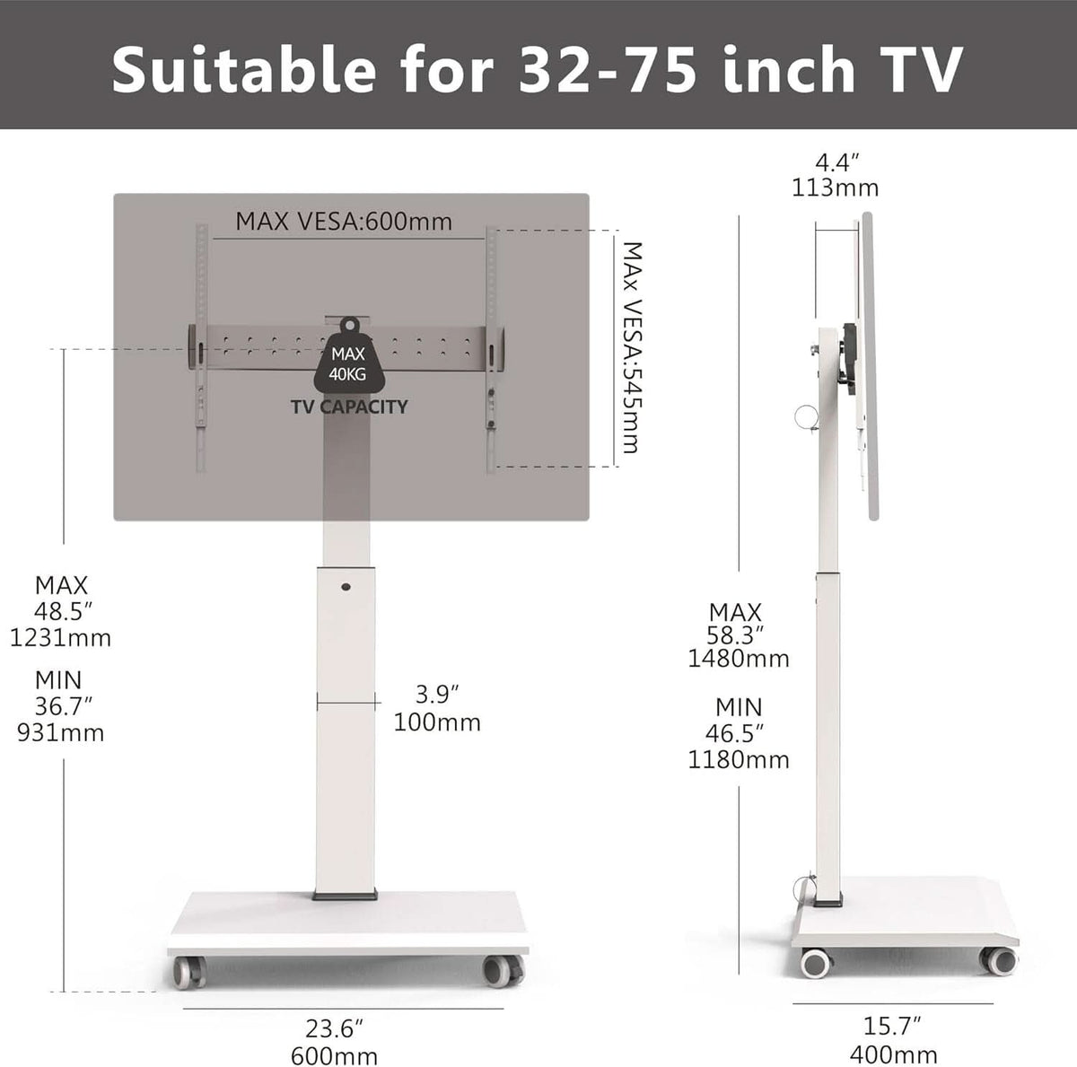 Rolling TV Stand On Wheels For 32 To 75 Inch TVs With 40 Degree Swivel