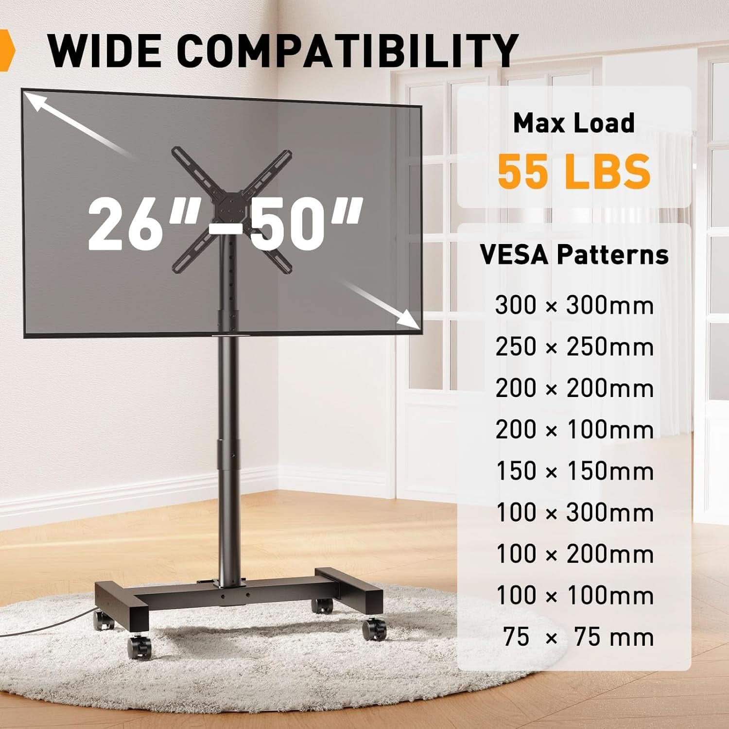 Rolling TV Stand With Power Outlet For 26 To 50 Inch TVs Tilting Wheels