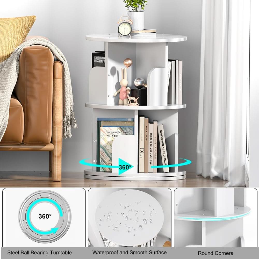 Rotating Bookshelf 2 Tier White Narrow Corner Swivel