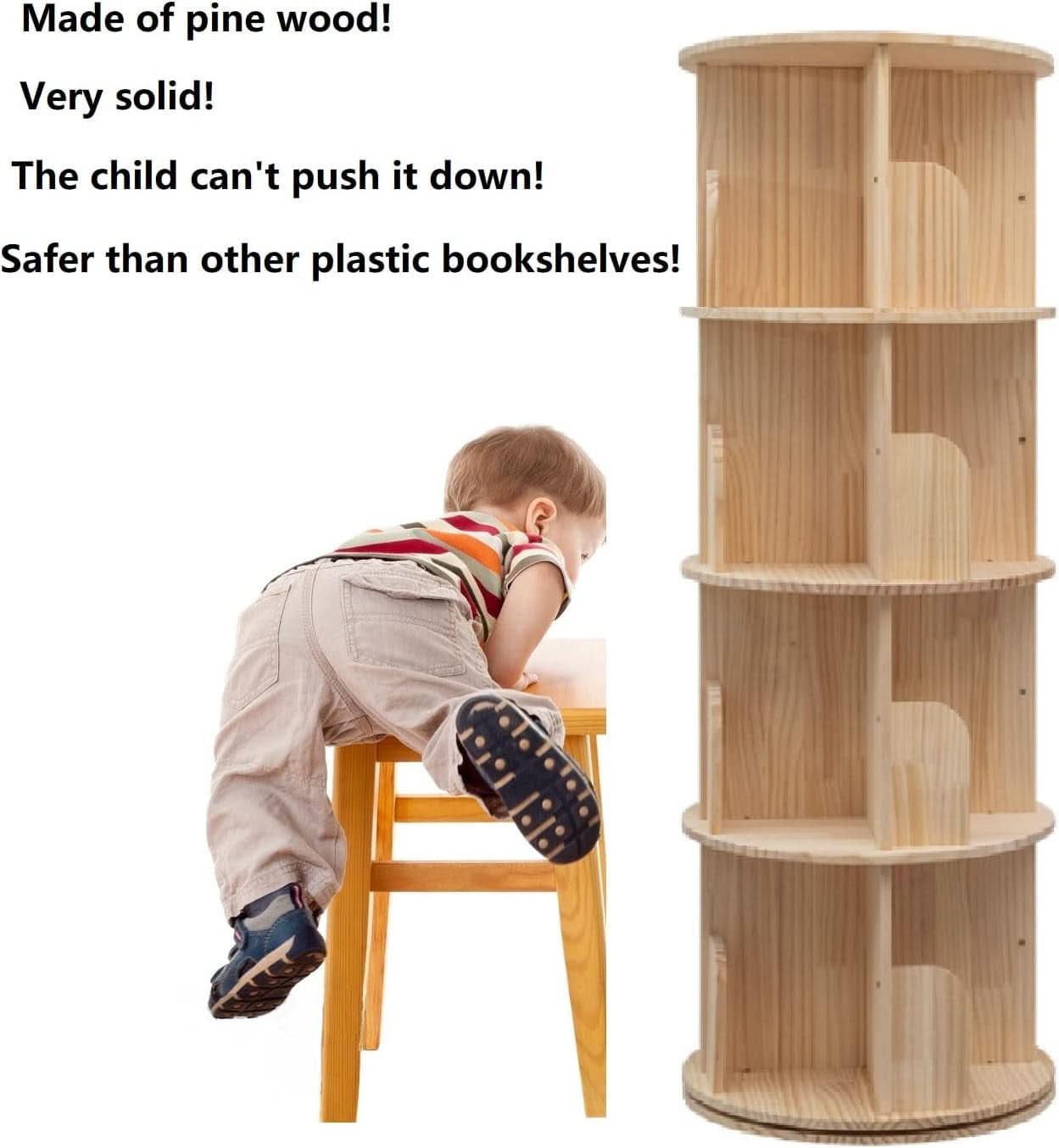 Rotating Bookshelf 360 Display 4 Tier Bookcase Solid Wood