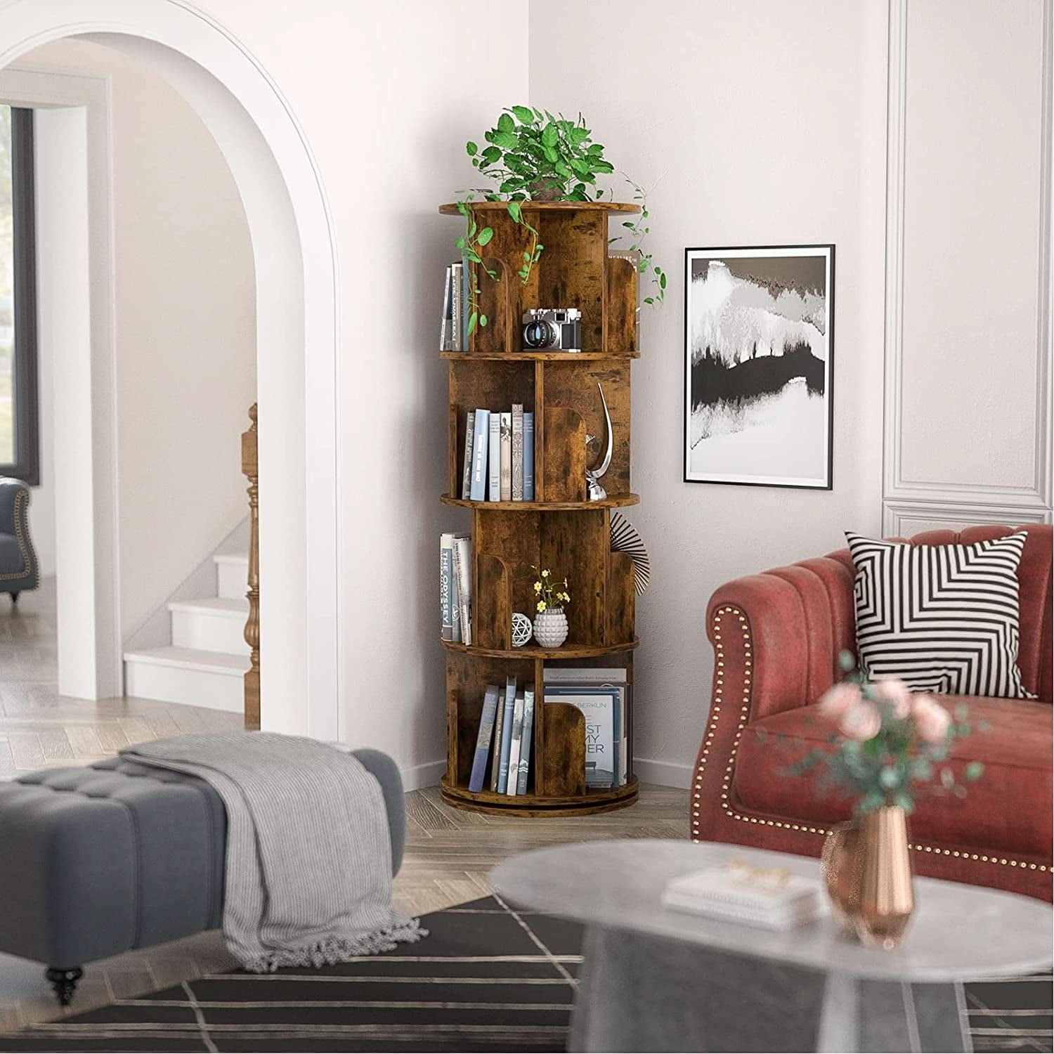 Rotating Corner Bookshelf 360 Degree 4 Tier Space Saving