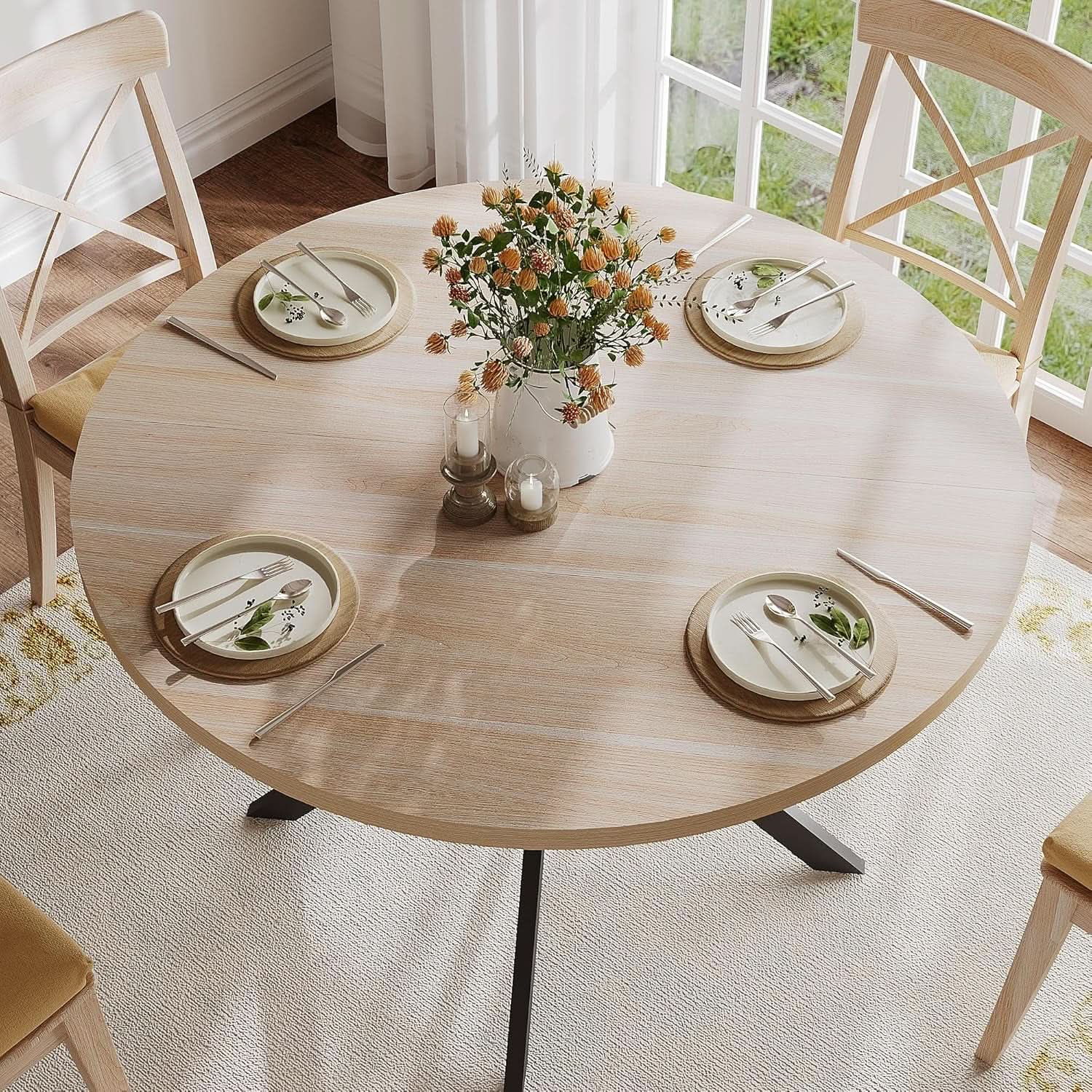 Round 47 Inch Circular Dining Table Natural Oak Finish