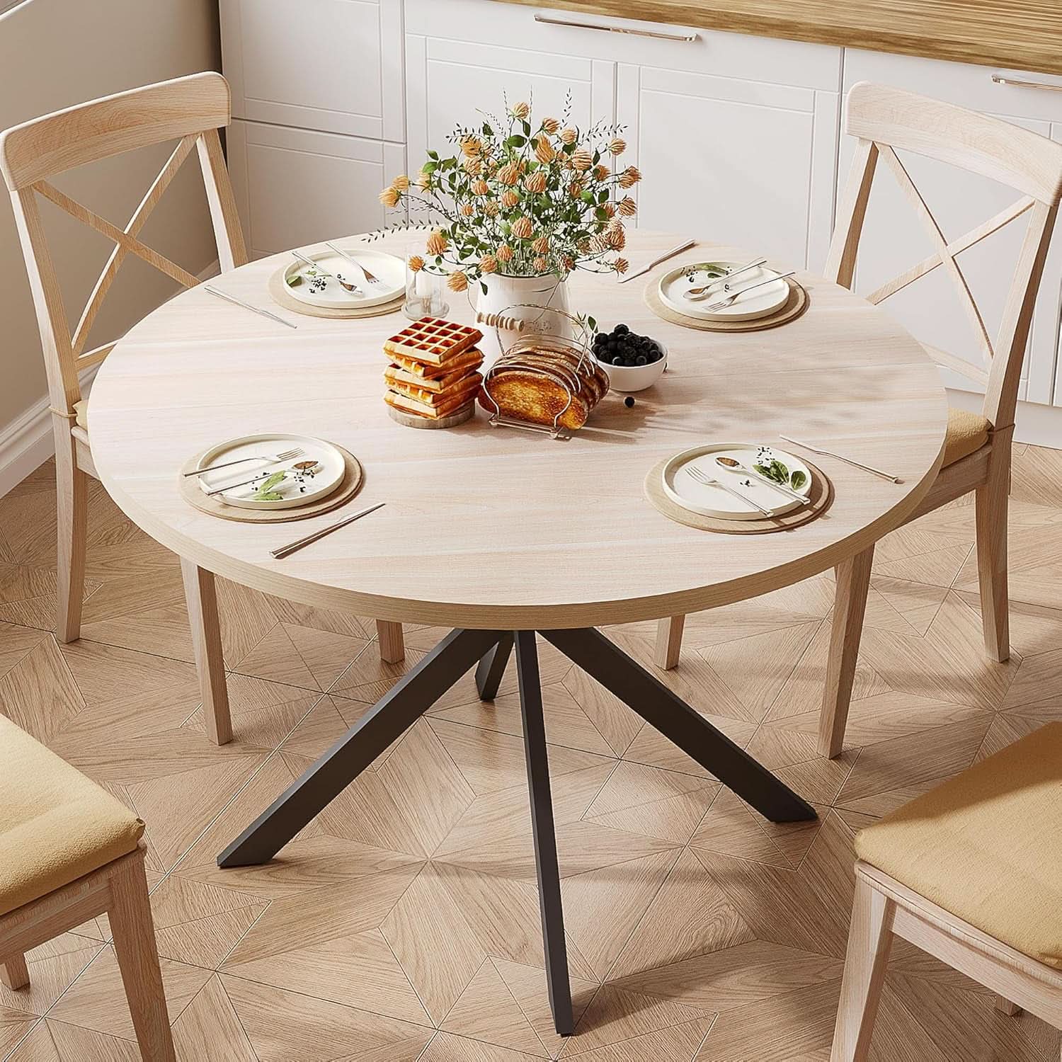 Round 47 Inch Circular Dining Table Natural Oak Finish