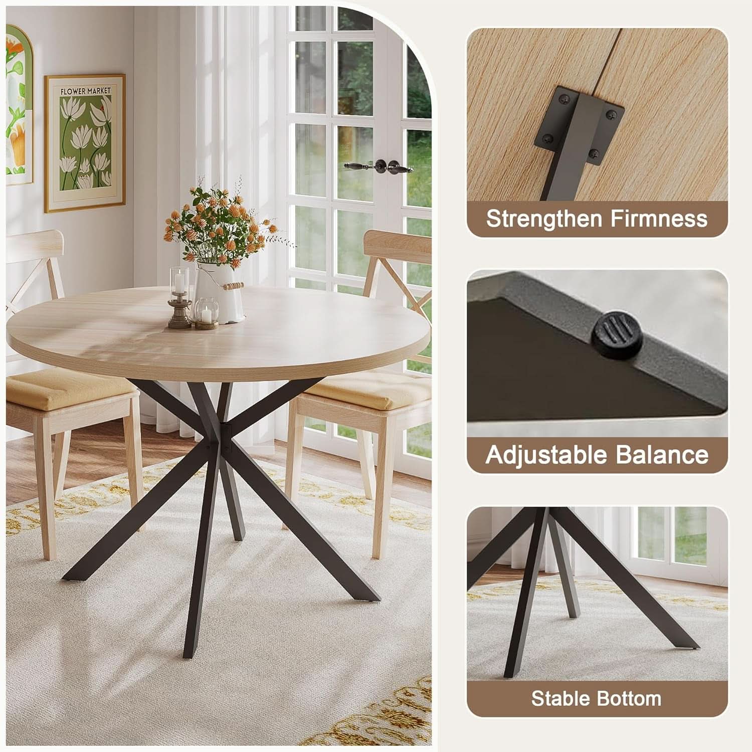 Round 47 Inch Circular Dining Table Natural Oak Finish
