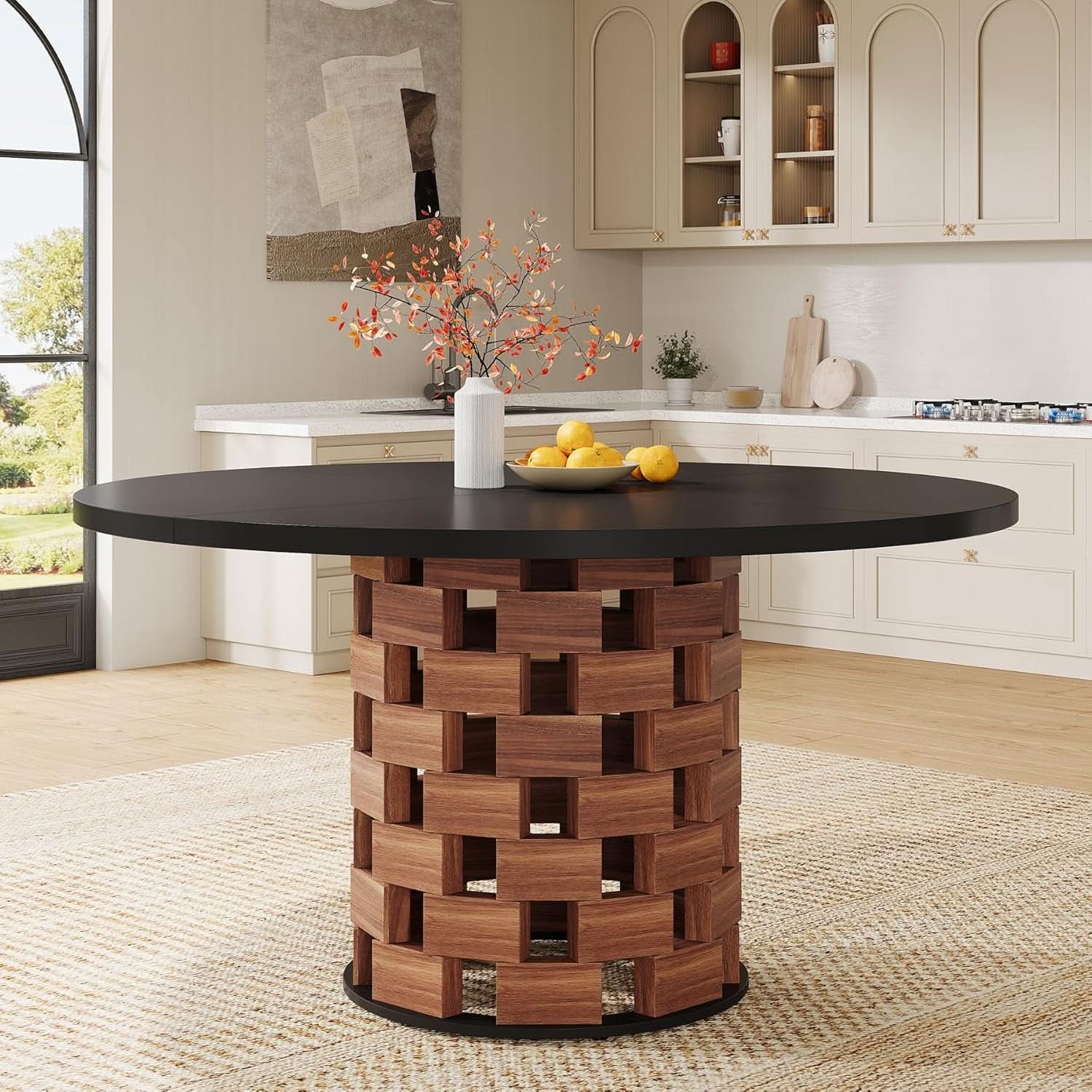 Round 47 Inch Dining Table Black Tabletop Farmhouse Base