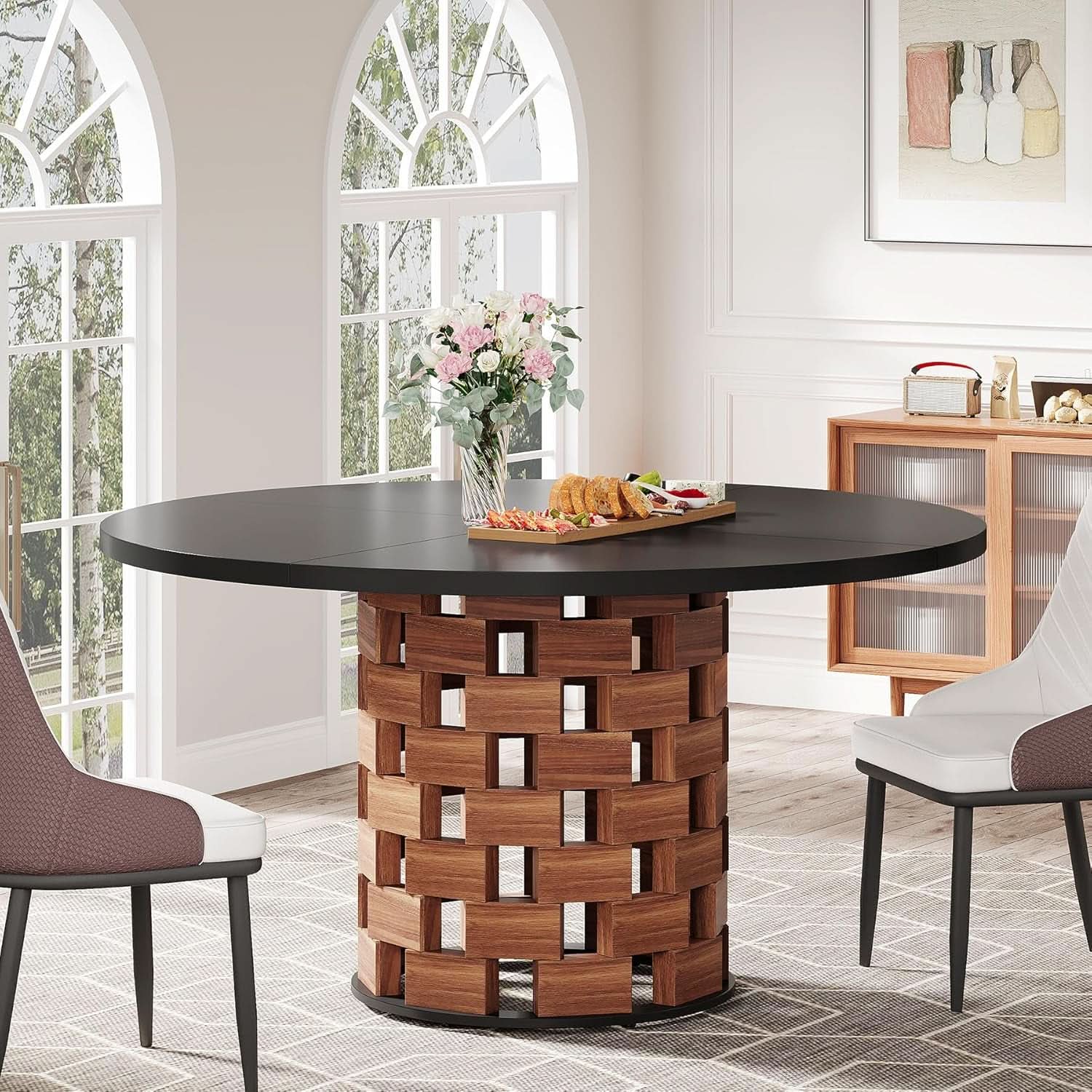 Round 47 Inch Dining Table Black Tabletop Farmhouse Base