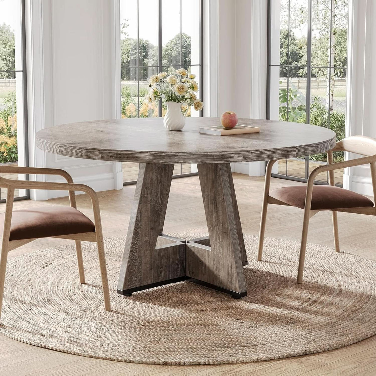 Round 47 Inch Dining Table For 4 To 6 With Grey Pedestal