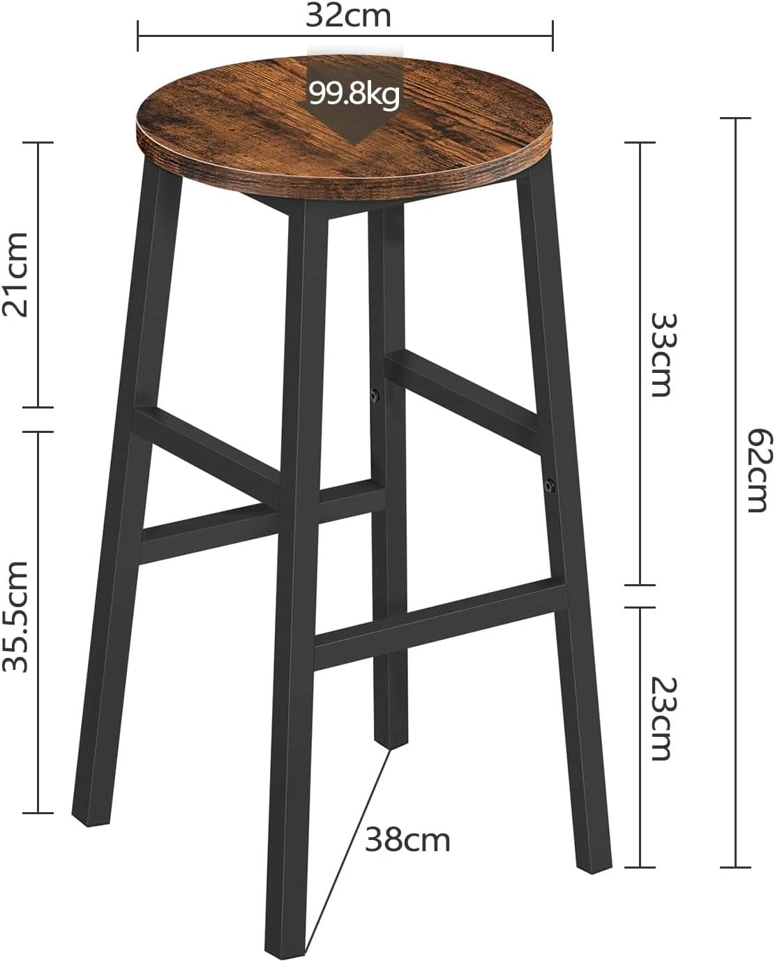 Round Bar Stools Set of 2 With Footrest 24.4 Inch Industrial Rustic Brown