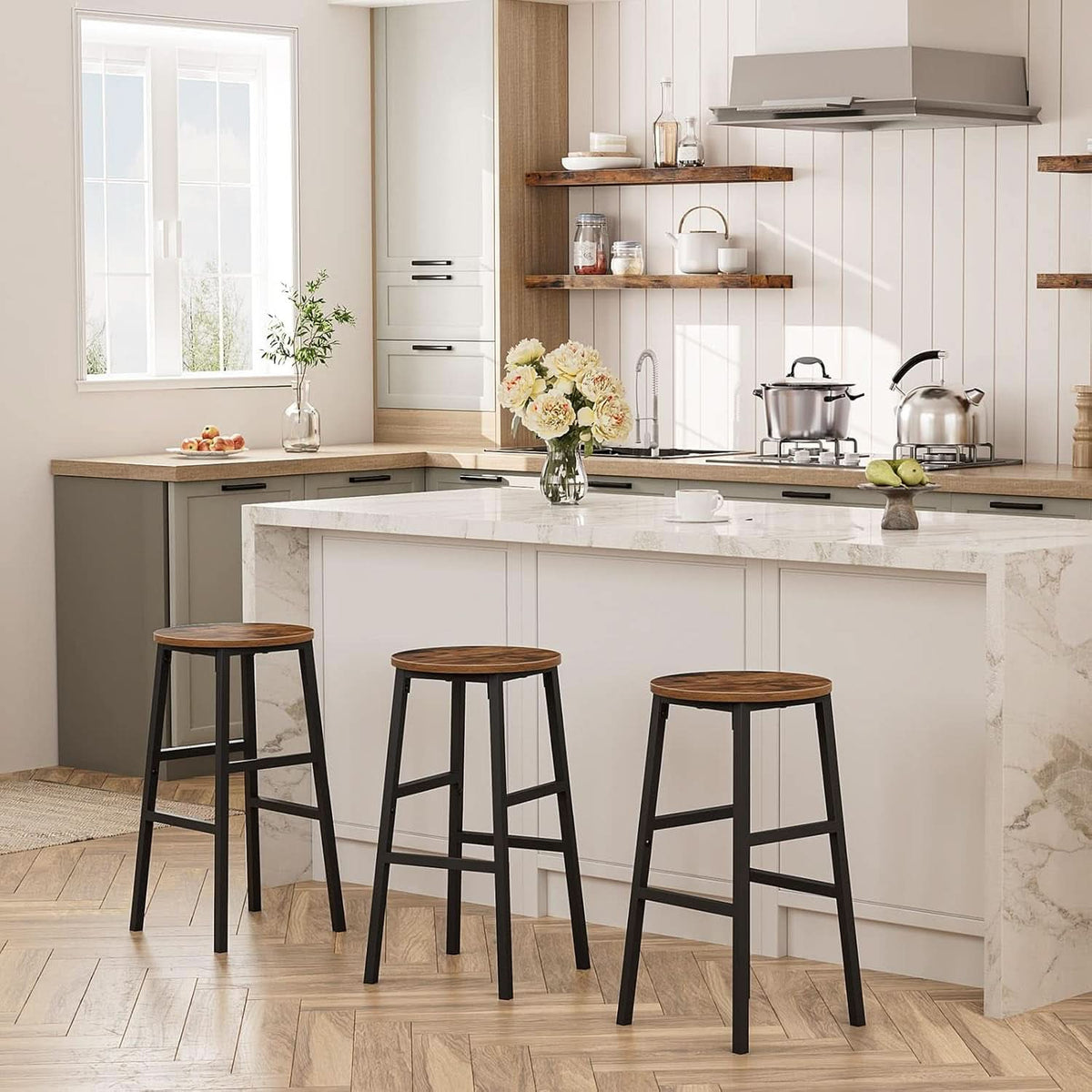 Round Bar Stools Set of 2 With Footrest 24.4 Inch Industrial Rustic Brown
