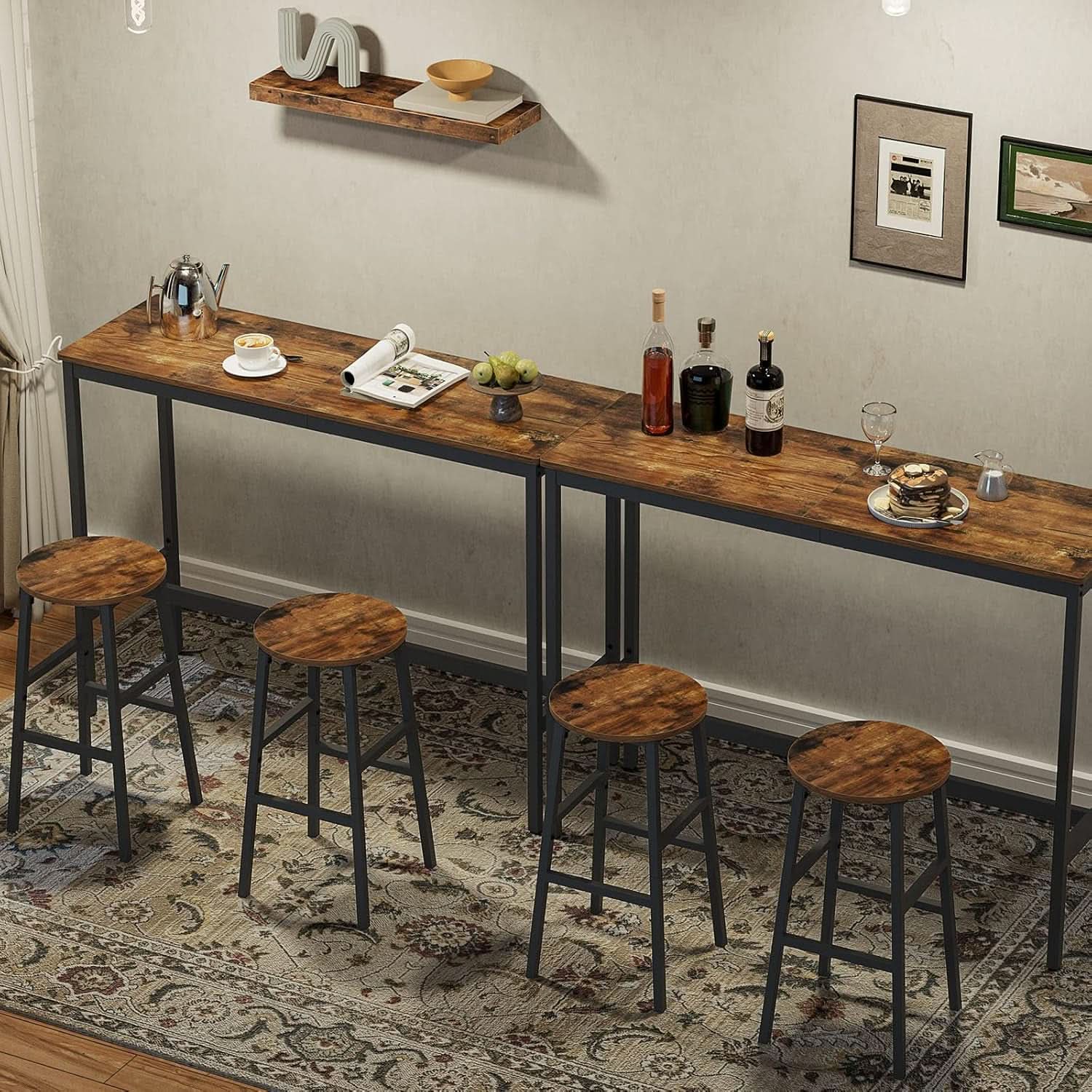 Round Bar Stools Set of 2 With Footrest 24.4 Inch Industrial Rustic Brown