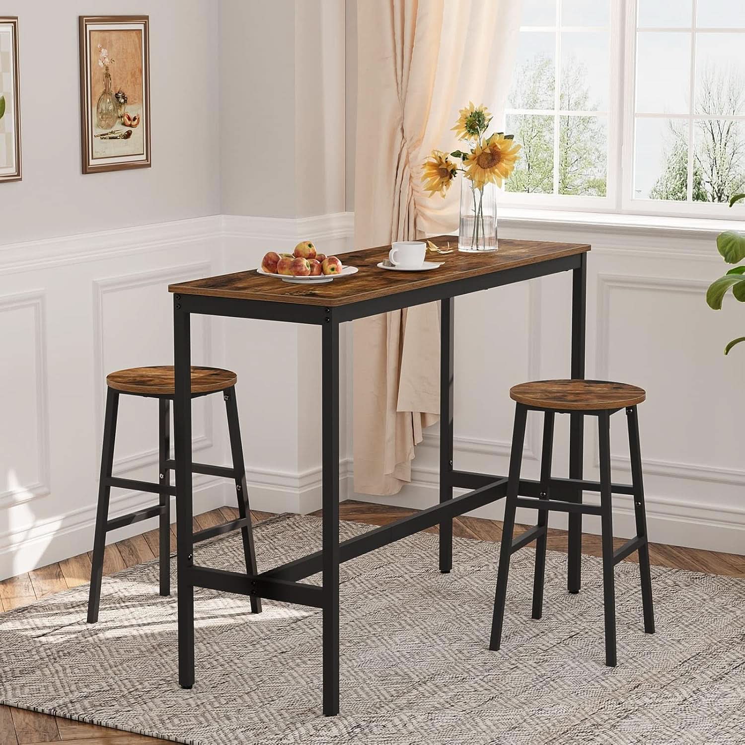 Round Bar Stools Set of 2 With Footrest 24.4 Inch Industrial Rustic Brown