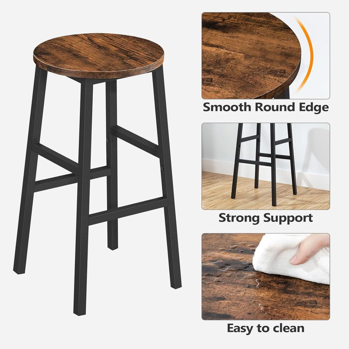 Round Bar Stools Set of 2 With Footrest 24.4 Inch Industrial Rustic Brown
