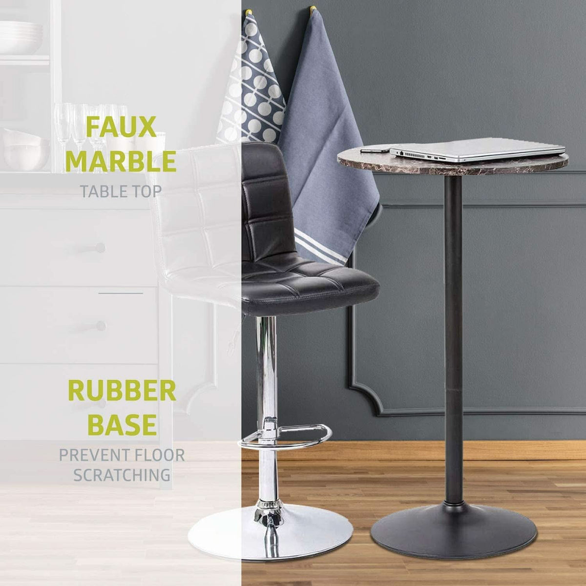 Round Bar Table With Faux Marble Top And Metal Base