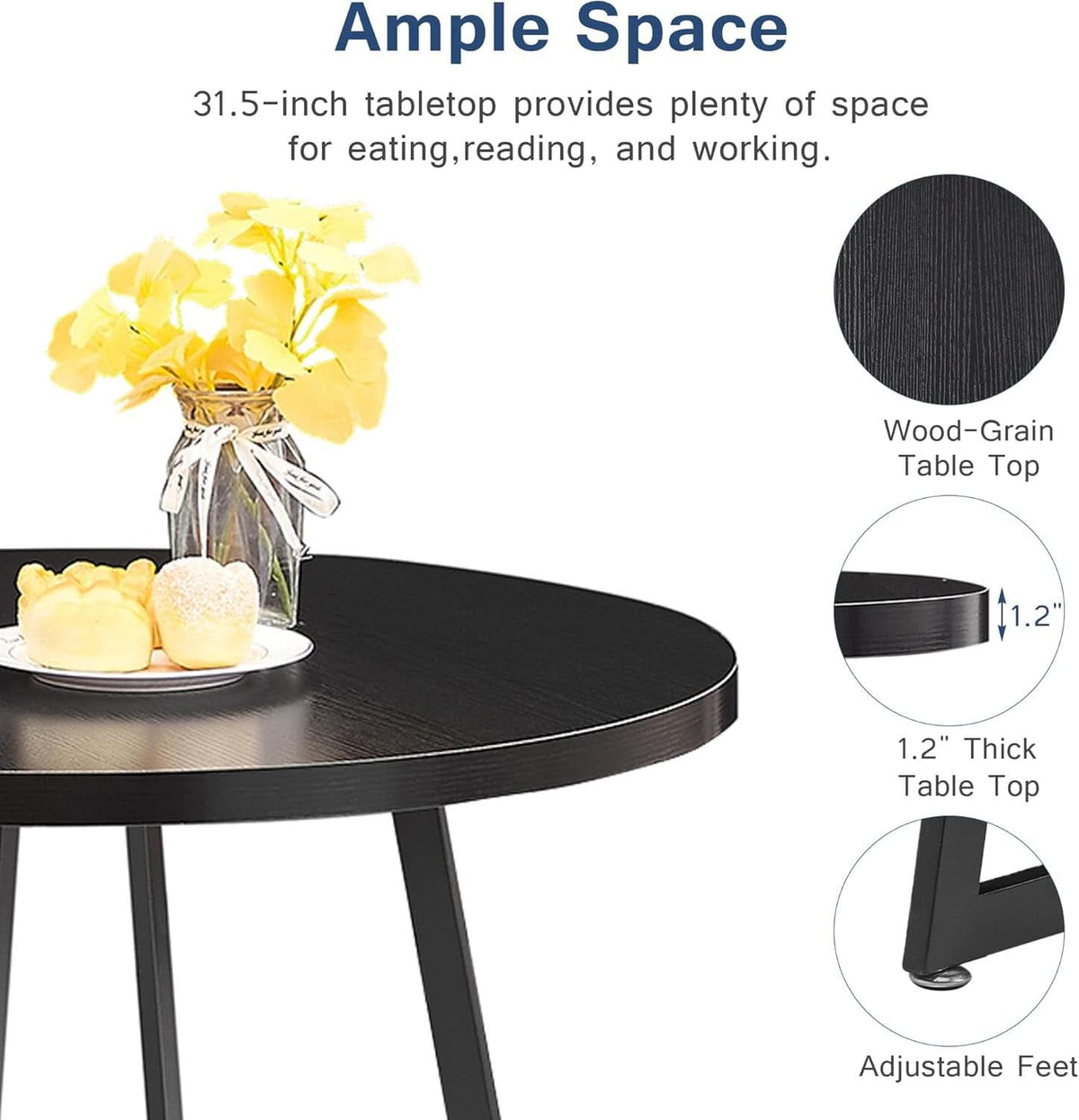 Round Black Woodgrain Top Dining Table With Steel Frame