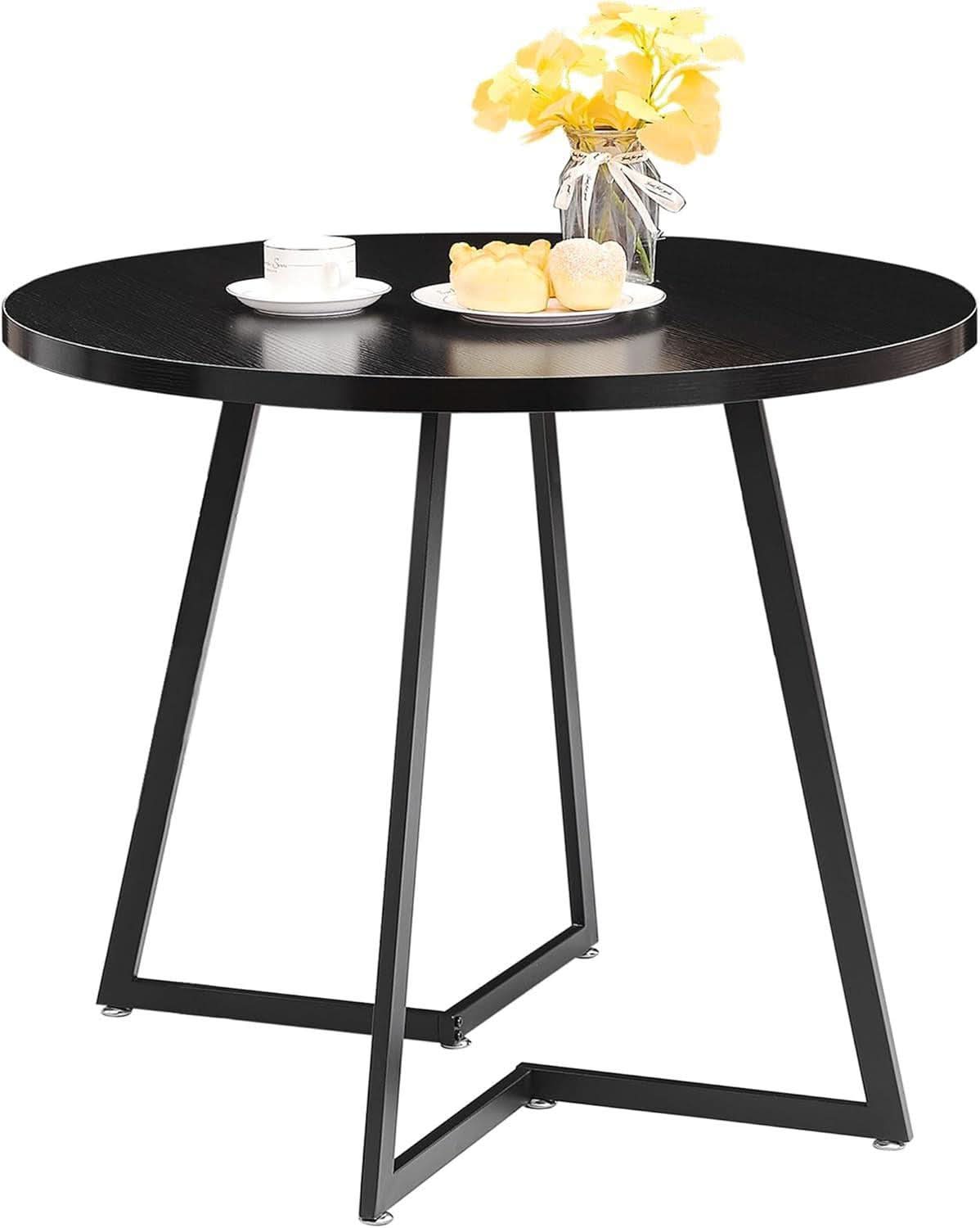 Round Black Woodgrain Top Dining Table With Steel Frame
