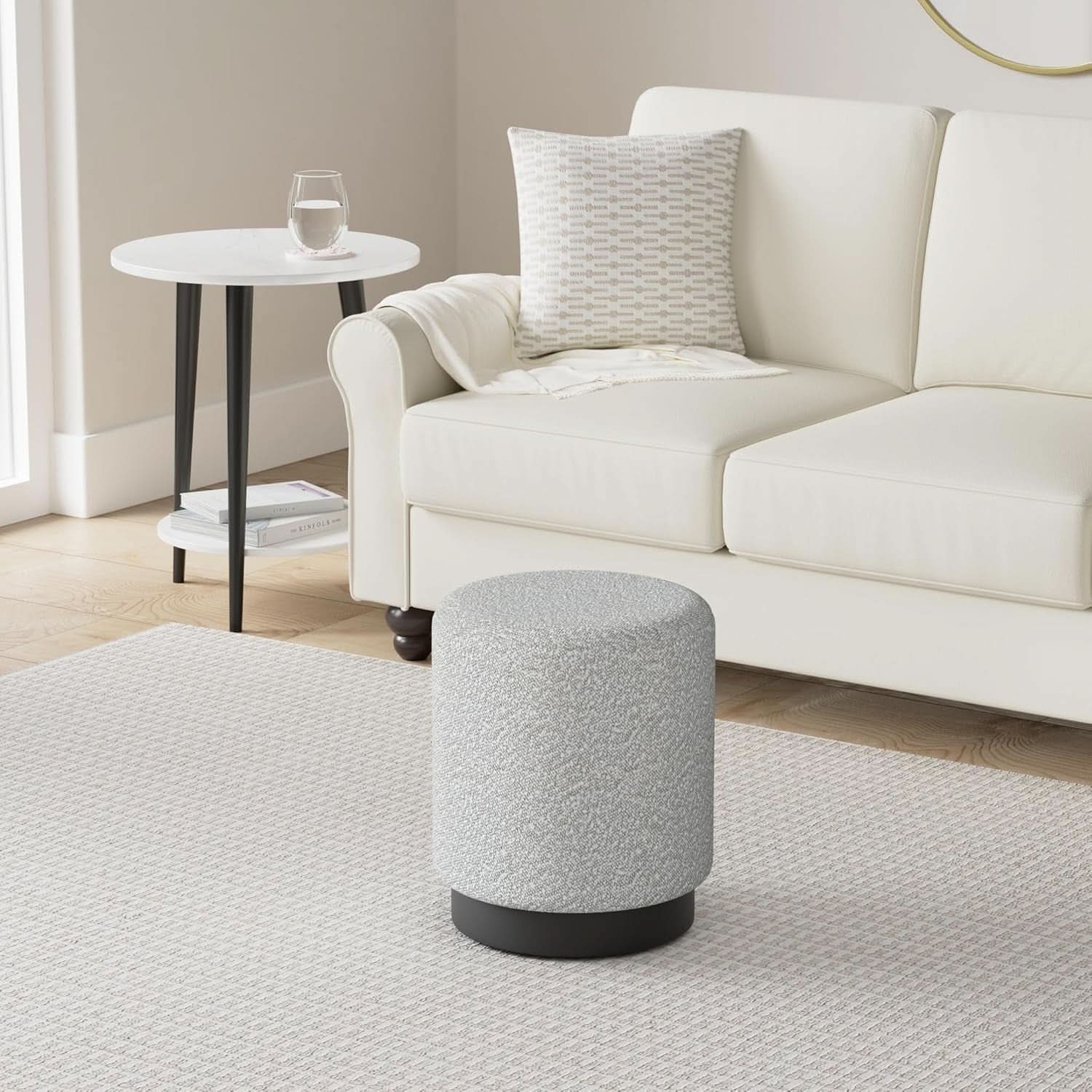 Round Boucle Ottoman Footstool White Compact Cushion
