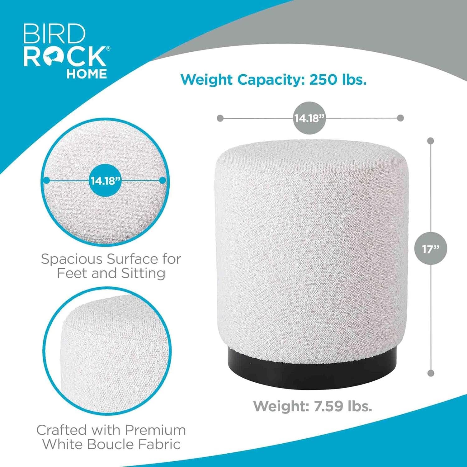 Round Boucle Ottoman Footstool White Compact Cushion