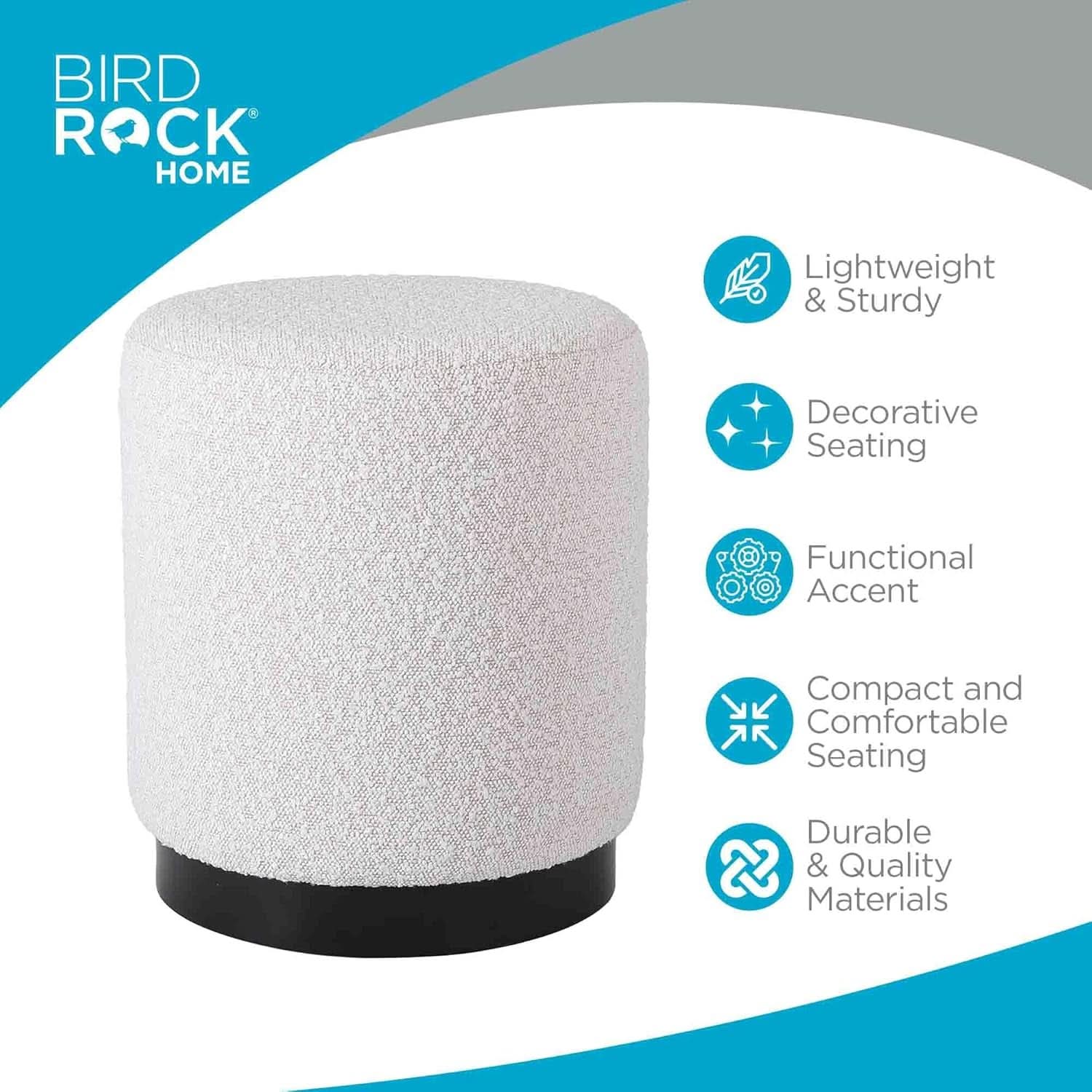 Round Boucle Ottoman Footstool White Compact Cushion